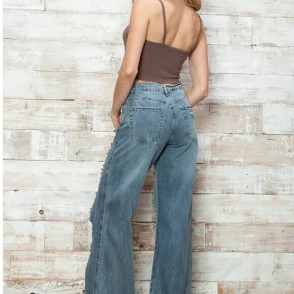 High Waisted Heavily Distressed Wide Leg Denim Jeans - Picture 5 of 6
